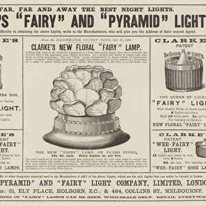 Advertisement, Clarkes "Fairy"and "Pyramid"Lights (engraving)