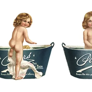 Advertisement for Pears soap depicting a child at bath time (chromolitho)