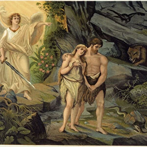 Adam and Eve chased out of earthly Paradise (Eden) by the Archangel - in "
