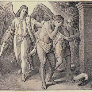 Adam and Eve being expelled from The Garden of Eden (engraving)