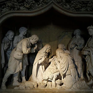 The adoration of the magi, 19th-century carved group by Haussaire of Reims (sculpture)