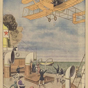 An aeroplane delivering a letter to a passenger on the transatlantic liner Olympic (colour litho)