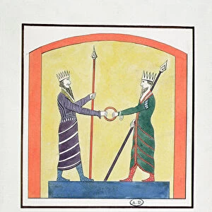 Ahura Mazda and Angra Mainyu dispute the world, copy of a frieze from Persepolis