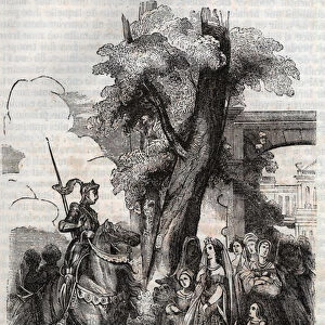 Alcina and her court come to greet Ruggiero - engraving of 1851 from the poem Orlando