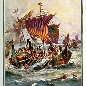 Alfreds galleys attacking the Viking Dragon ships, 897 AD, illustration
