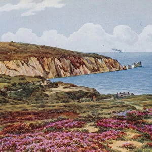 Alum Bay, from Headon Hill, IOW (colour litho)