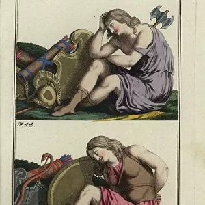 Two Amazons with shields and weapons, the one below a captive in battledress. Handcolored copperplate engraving from Robert von Spalart's " Historical Picture of the Costumes of the Principal People of Antiquity and of the Middle Ages" (1796)