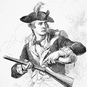 An American soldier, during the War of Independence, using his powder horn to prime