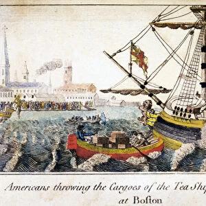 Americans throwing the cargoes of the tea ships into the river, at Boston