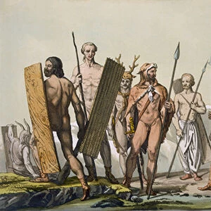 Ancient Celtic warriors dressed for battle, with a shaman, c. 1800-18 (coloured engraving)