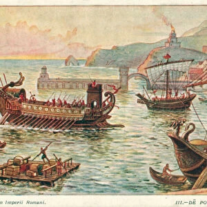 Ancient Roman port and ships (colour litho)