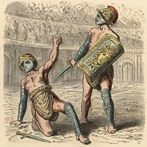 Ancient Rome: Gladiator fights in amphitheatre, 1866 (coloured engraving)