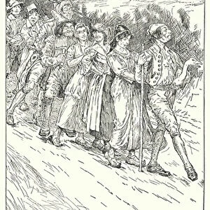 "And so they made seven, all running together after Dummling and his goose"(litho)