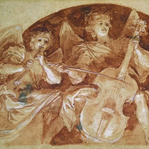 Three Angel Musicians (pen & ink and red chalk on paper)