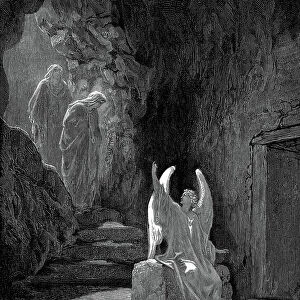 Angel showing Mary Magdalene and the other Mary Christ's empty tomb. Mark 16. 5. From Gustave Dore illustrated Bible 1865-6. Wood engraving