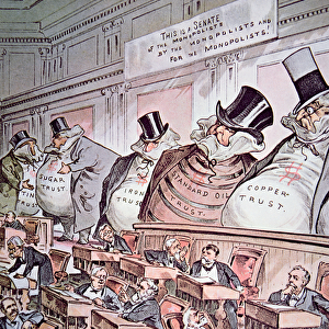 Anti-trust cartoon depicting giant corporations as the bosses of the Senate