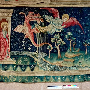 Apocalypse Tapestry, Cartons of the painter Hennequin de Bruges, atelier Nicolas Bataille. no 38, Le dargon poursuit la femme, 1373-1380 (textile)