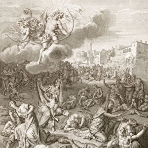Apollo and Diana Kill Niobes Children with their Arrows: She is Turned to Stone, 1730 (engraving)