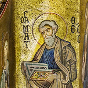 Apse: Saint Matthew, byzantine school mosaic with a golden background (mosaic)