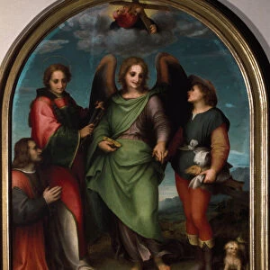 The Archangel Raphael, Saint Leonard, Tobie and the Sponsor Kneeling (Painting, 1511)