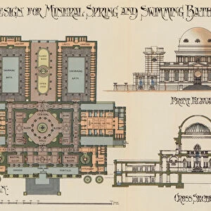 Architectural drawings for a mineral spring and swimming baths at a spa (colour litho)
