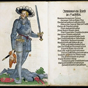 Arminius, Prince of Saxony, from The Origin of the First Twelve Old Kings and Princes of the German Nation, 1543 (coloured engraving)