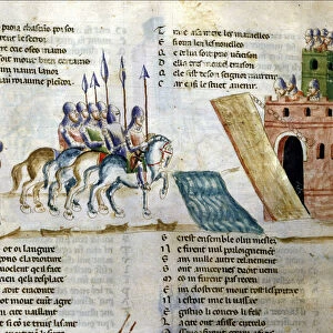 An army is approaching a castle. Miniature of the "Roman de Troy"