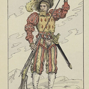 Arquebusier loading his weapon, early 16th Century (colour litho)