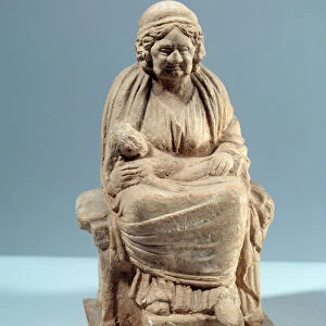 Art of ancient Greece: old woman holding a baby on her knees. Sculpture of the 1st AD)