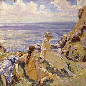 The Artists Nieces on the Cliffs at Frying Pan, Cadgwith, Cornwall, 1920 (oil on canvas)