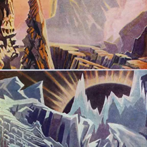 An artists vision of the scenery of the planet Mercury, on both the hot and cold sides (colour litho)
