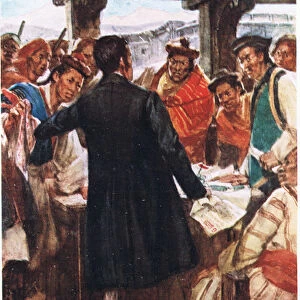 Ashley Eden forced by the Bhutonese to sign the treaty (colour litho)