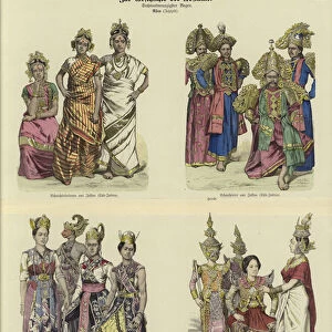 Asian actors costumes, late 19th Century (coloured engraving)