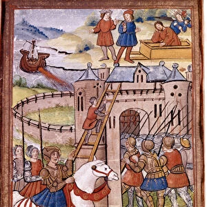 Assault on a castle. Episode of the 100 Year War. 16th century manuscript