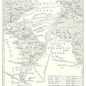 The Atlantic Ocean, showing the routes followed by early voyagers (litho)