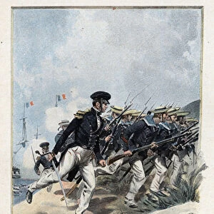 Attack of Essaouira (ex Mogador - Morocco) commanded by Francois Ferdinand Philippe d Orleans, Prince of Joinville (1818-1900), in August 1844. Colour board from Alfred Paris watercolour. 1895