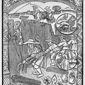 August, harvesting, Leo, illustration from the Almanach des Bergers, 1491