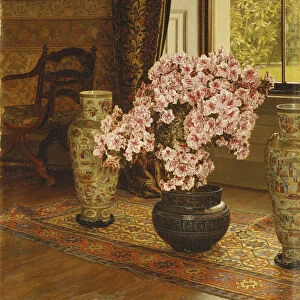 Azalea in a Japanese Bowl, with Chinese Vases on an Oriental Rug, in an Interior, 1887 (oil on Panel)