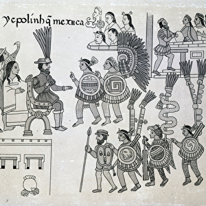 The last Aztec Emperor Cuauhtemoc surrenders, plate from Antiguedades Mexicanas