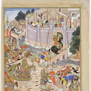 Baburs troops take the fortress at Kabul, c. 1590-1600 (opaque w / c & gold on paper)