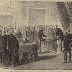 Baron Ricasoli presenting the King of Sardinia with the Result of the Voting for Annexation in Tuscany (engraving)