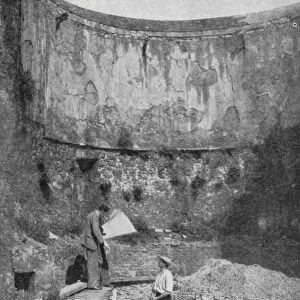 Bastion of the historic London Wall, found at Cripplegate, during excavations after WW2 (b / w photo)