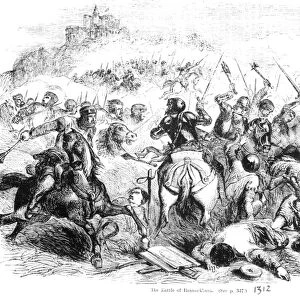 The Battle of Bannockburn in 1314 (engraving) (b / w photo)