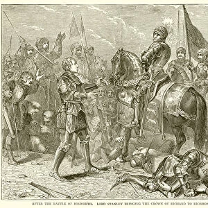 After the Battle of Bosworth. Lord Stanley bringing the Crown of Richard to Richmond, 1483 (engraving)