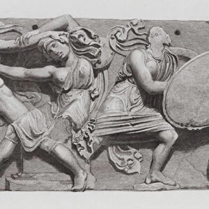 Battle between Greek warriors and Amazons, ancient Greek marble sculpture (engraving)