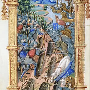 Battle scene between archers and cavalry, with castle and ships, c. 1495-1500 (gouache and gold paint on vellum)