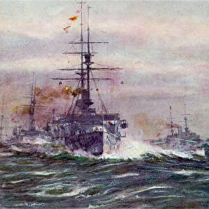 Battleships of the White Era at sea (colour litho)