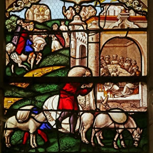 The Beatitudes: Blessed are the Merciful: scene from the story of Joseph (stained glass)