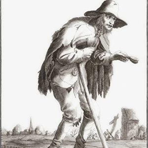 Beggar with his begging bowl (engraving)