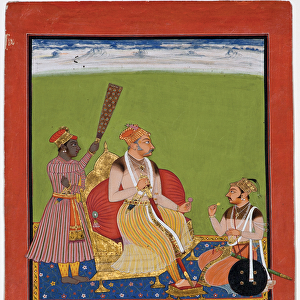 Bhao Singh enthroned with a noble at his feet, c. 1680 (opaque w / c & gold on paper)